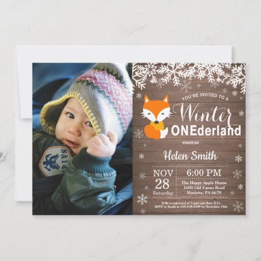Invitation Winter Onederland Renard rustique 1er anniversaire (Devant)