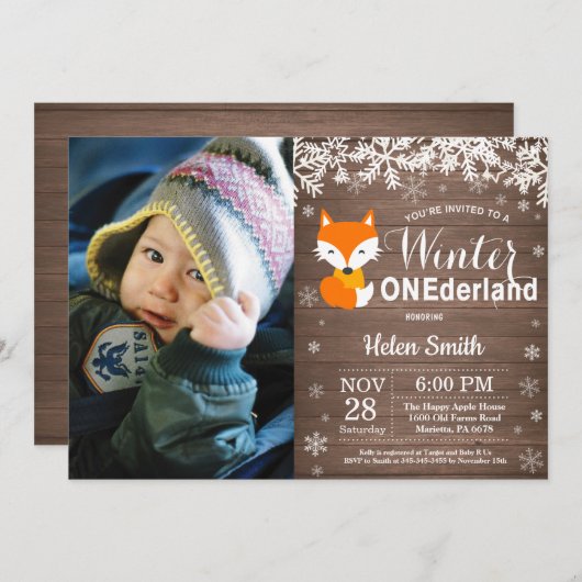 Invitation Winter Onederland Renard rustique 1er anniversaire (Devant / Derrière)
