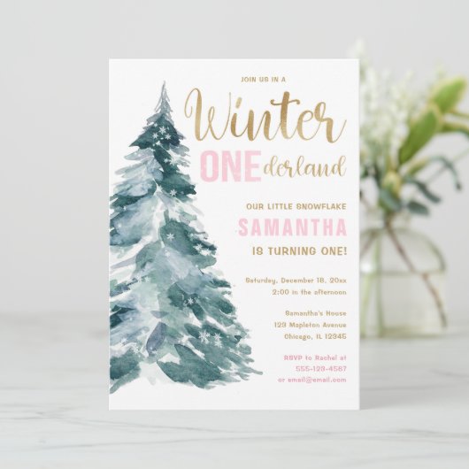 Invitation Winter Onederland rose or fille 1er anniversaire I (Debout devant)
