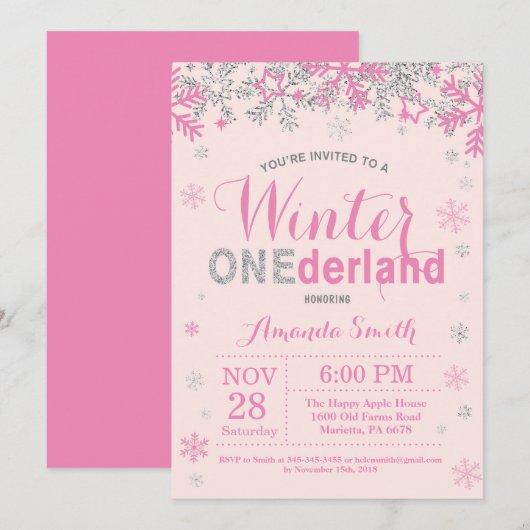 Invitation Winter Onederland Rose Silver Girl 1er anniversair (Devant / Derrière)