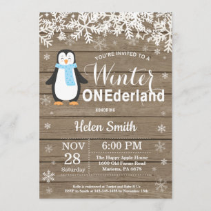 Invitation Winter Onederland Russe Penguin Boy 1er Anniversai