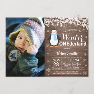 Invitation Winter Onederland Russe Penguin Boy 1er Anniversai