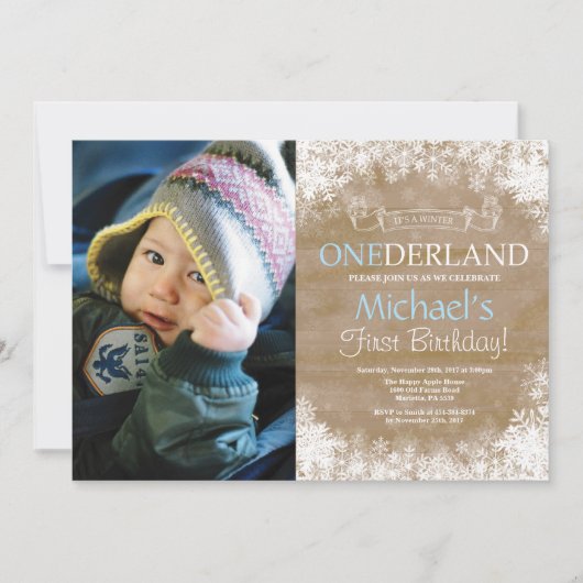 Invitation Winter Onederland Rustic Boy 1er Anniversaire Phot (Devant)