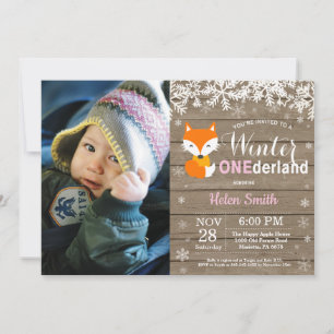 Invitation Winter Onederland Rustic Fox Girl 1er anniversaire