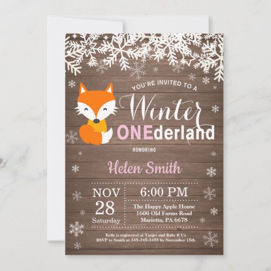 Invitation Winter Onederland Rustic Fox Girl 1er anniversaire (Devant)
