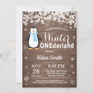 Invitation Winter Onederland Rustic Penguin Garçon 1er annive