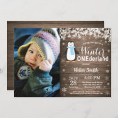 Invitation Winter Onederland Rustic Penguin Garçon 1er annive (Devant / Derrière)