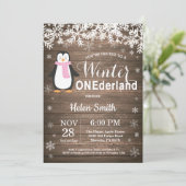 Invitation Winter Onederland Rustic Penguin Girl 1er Annivers (Debout devant)