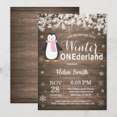 Invitation Winter Onederland Rustic Penguin Girl 1er Annivers (Devant / Derrière)