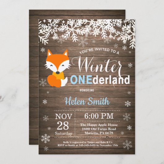 Invitation Winter Onederland Rustique Fox garçon 1er annivers (Devant / Derrière)