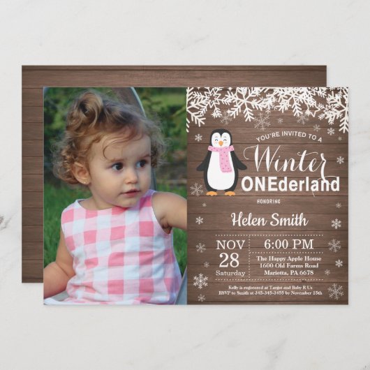 Invitation Winter Onederland Rustique Penguin Girl 1er annive (Devant / Derrière)
