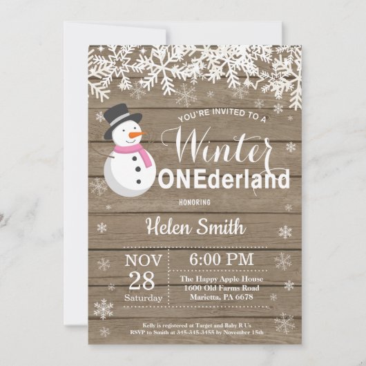 Invitation Winter Onederland Rustique Snowman Girl 1er annive (Devant)