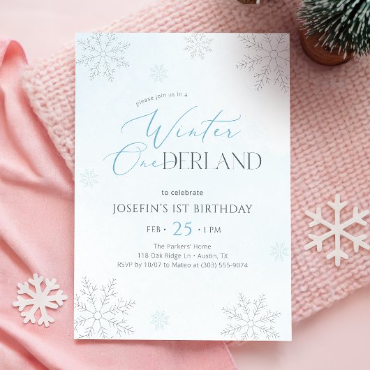 Invitation Winter Onederland Silver Blue Glitter 1st Birthday