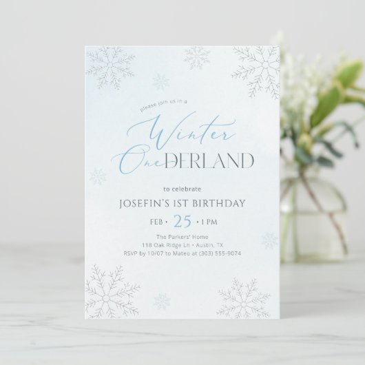 Invitation Winter Onederland Silver Blue Glitter 1st Birthday (Debout devant)