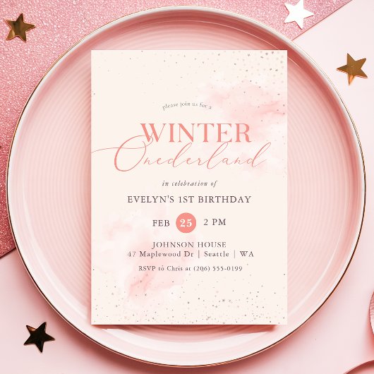 Invitation Winter ONEderland Silver Pink Glitter 1st Birthday