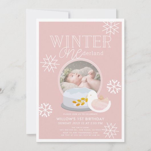 Invitation Winter Onederland Snow Globe rose 1er anniversaire (Devant)