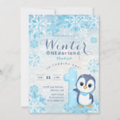 Invitation Winter Onederland Snowflakes Blue Boy 1er annivers (Devant)