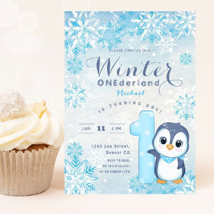 Invitation Winter Onederland Snowflakes Blue Boy 1er annivers