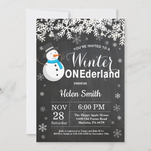 Invitation Winter Onederland Snowman Boy 1er anniversaire (Devant)