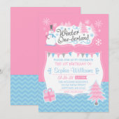 Invitation Winter Onederland Snowman rose Bleu 1er anniversai (Devant / Derrière)