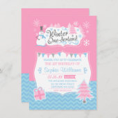 Invitation Winter Onederland Snowman rose Bleu 1er anniversai (Devant / Derrière)