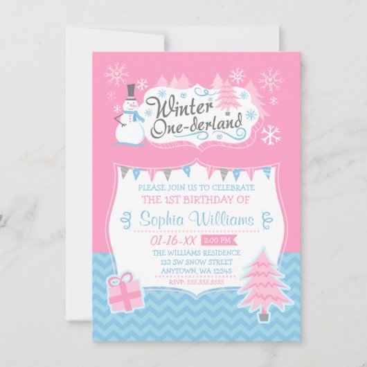 Invitation Winter Onederland Snowman rose Bleu 1er anniversai (Devant)