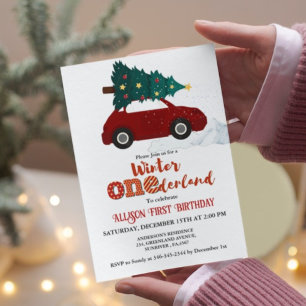 Invitation Winter Onederland Voiture rouge avec arbre 1er ann