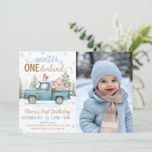 Invitation Winter Onederland Woodland Animals Birthday Photo (Debout devant)