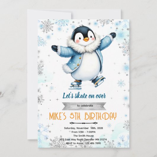 Invitation Winter penguin ice skate theme invite (Devant)