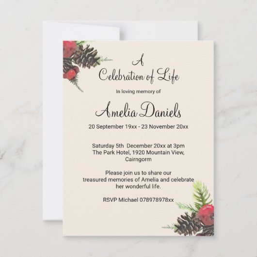 Invitation Winter Pine Cone Celebration of Life Card (Devant)