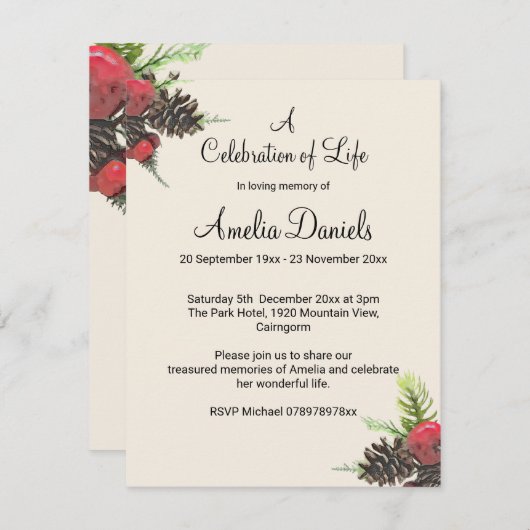 Invitation Winter Pine Cone Celebration of Life Card (Devant / Derrière)