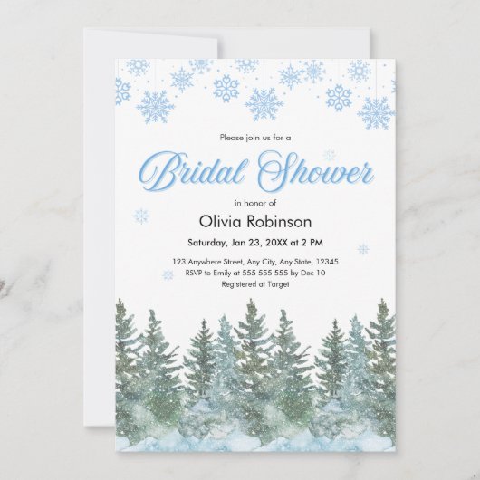 Invitation Winter Pine Trees Snowflakes Bridal Shower (Devant)