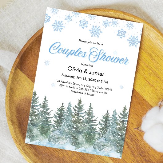 Invitation Winter Pine Trees Snowflakes Couples Bridal Shower