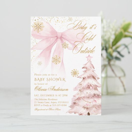 Invitation Winter Pink Bow Baby It's Cold Outside Baby Shower (Debout devant)
