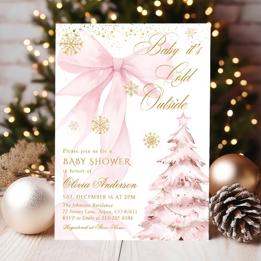 Invitation Winter Pink Bow Baby It's Cold Outside Baby Shower