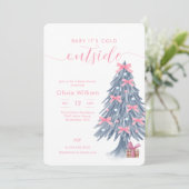 Invitation Winter Pink Bow Christmas Tree Baby Shower (Debout devant)
