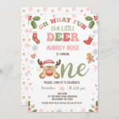 Invitation Winter Pink Oh What Fun Reindeer 1er Anniversaire (Devant / Derrière)