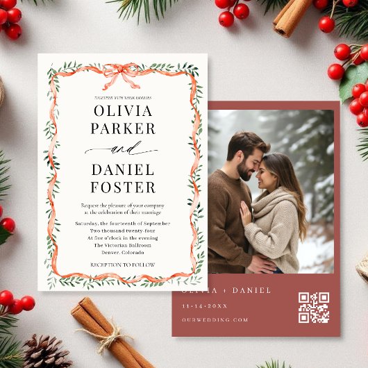 Invitation Winter QR Code Photo Red Ribbon & Bow Wedding
