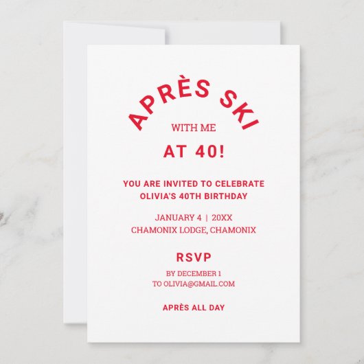 Invitation Winter Red Après Ski Avec Moi À 40 Anniversaire Fê (Devant)