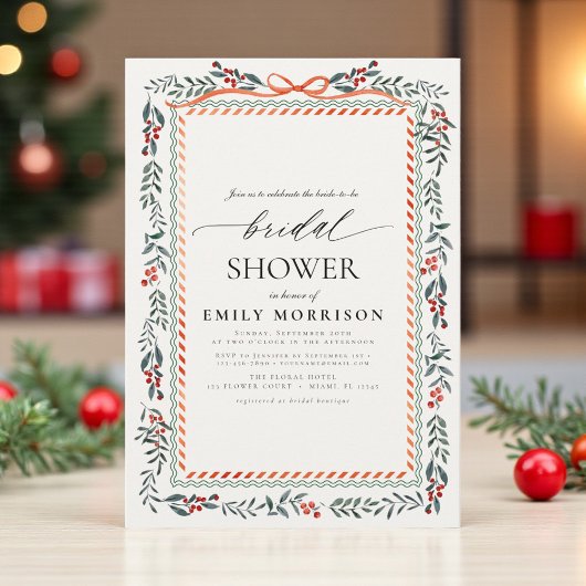 Invitation Winter Red Bow & Ribbon Watercolor Bridal Shower