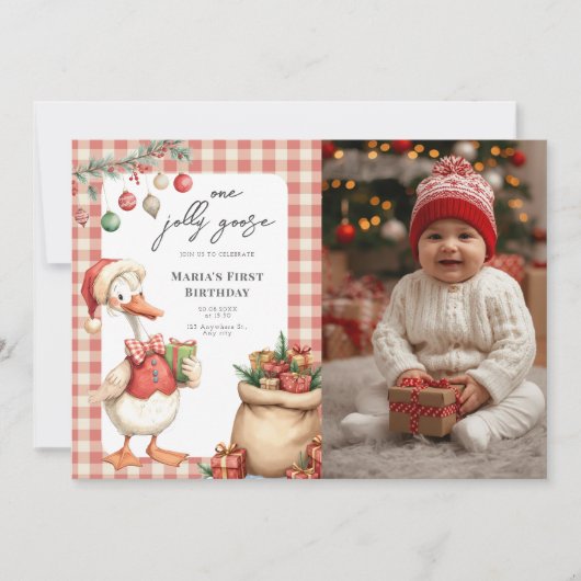 Invitation Winter Red Christmas Silly Goose 1st birthday (Devant)