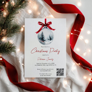 Invitation Winter Red Coquette Bow Ribbon QR Christmas Party