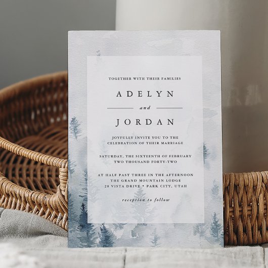 Invitation Winter Reverie Blue Watercolor Pine Wedding