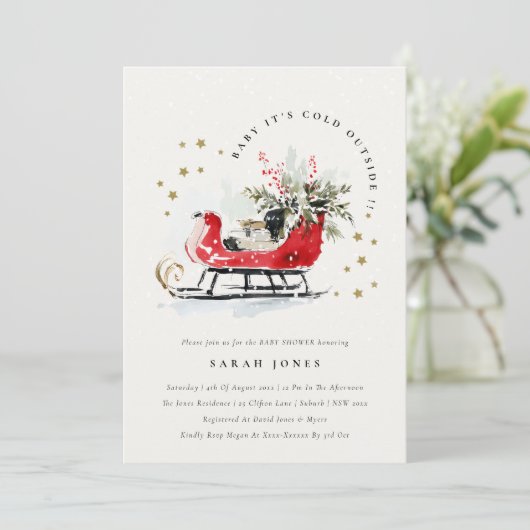 Invitation Winter Sleigh Its Cold Outside Neutral Baby Shower (Debout devant)