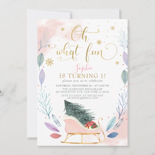 Invitation Winter Sleigh Oh What Fun Noël 1er Anniversaire (Devant)