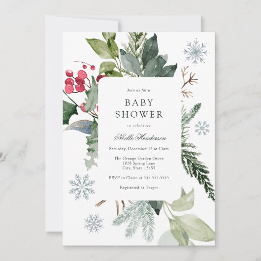 Invitation Winter Snow and Evergreen Baby Shower (Devant)