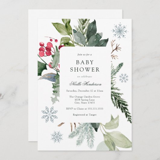 Invitation Winter Snow and Evergreen Baby Shower (Devant / Derrière)