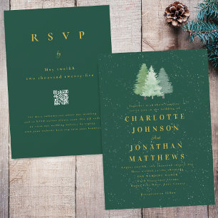 Invitation Winter Snow Woodland Green Gold Mariage QR Code