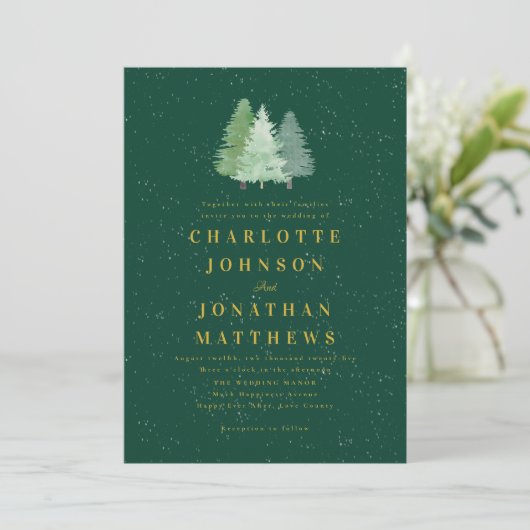 Invitation Winter Snow Woodland Green Gold Mariage QR Code (Debout devant)