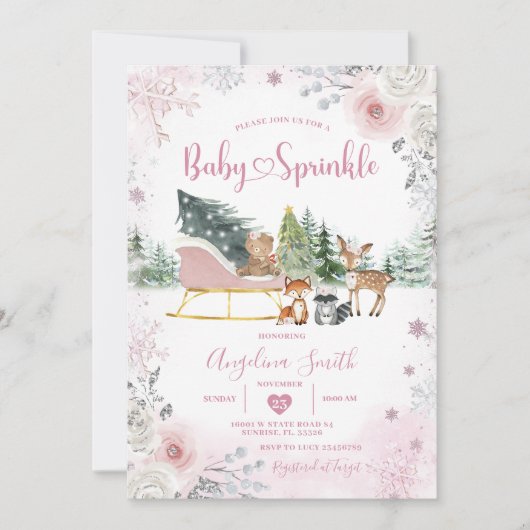 Invitation Winter Snowflake Pastel Pink Sleigh Baby Sprinkle (Devant)